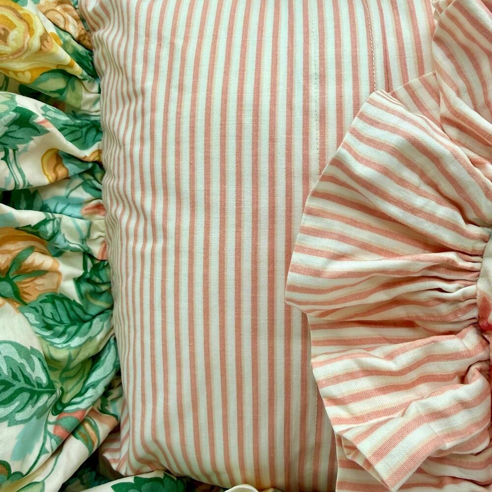 Vintage Cotton Sateen Floral Ruffle‎ Pillow Set Pink Stripe Round Cottage Accent - Picture 7 of 8